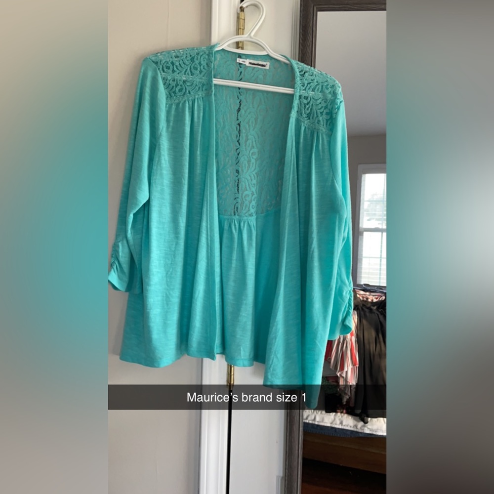 Maurice’s teal 3/4 length cardigan lace back and shoulders women’s size 1 16/18